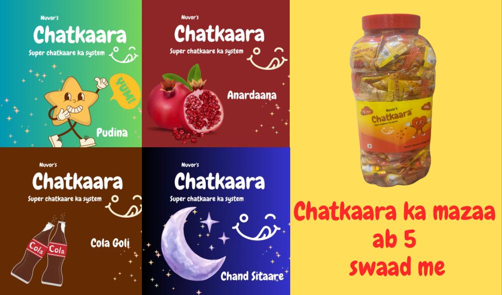Chatkaara candy varieties including Pudina, Anardaana, Cola Goli, Chand Sitaare, and the product jar
